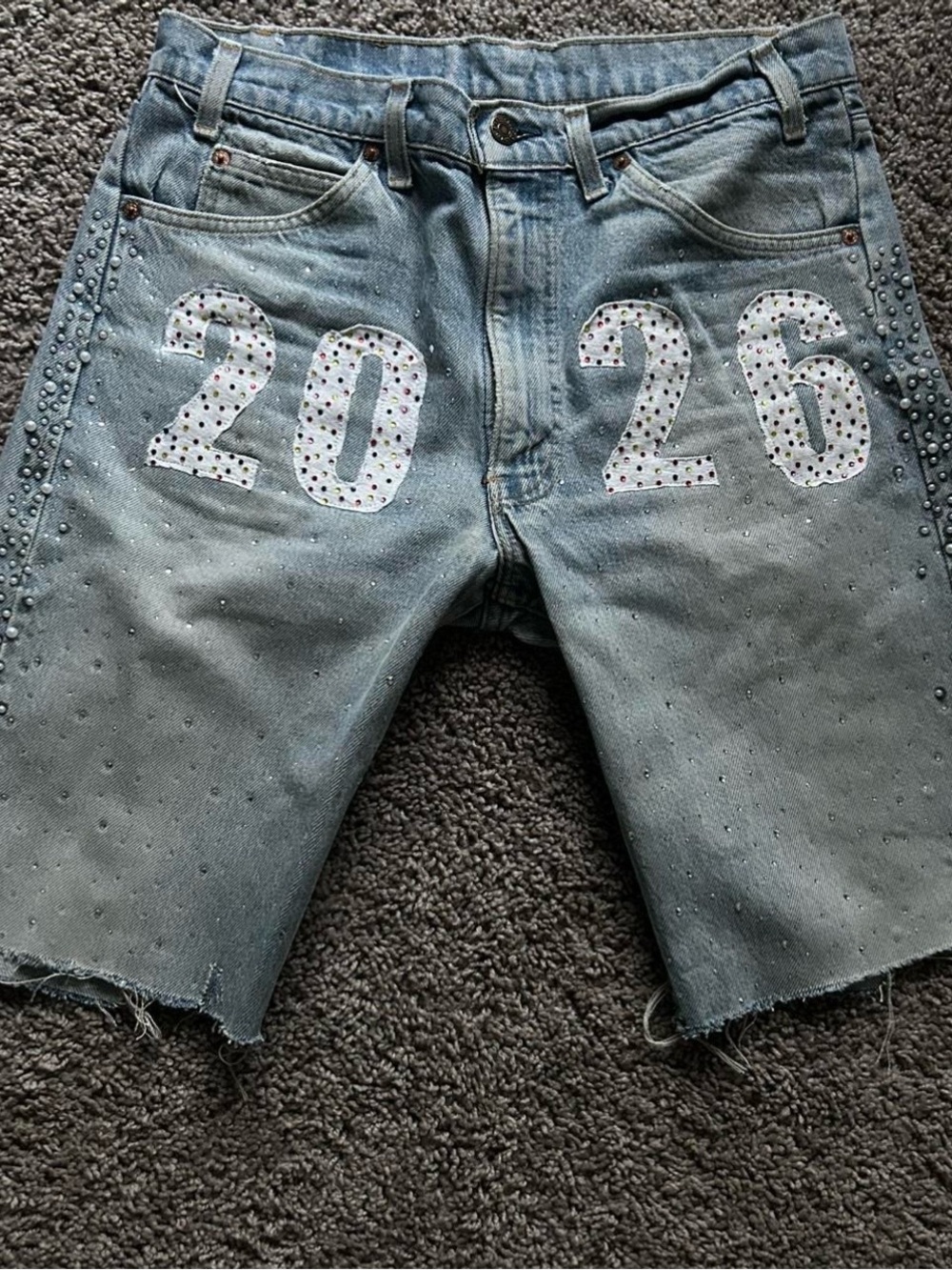 Levi's Light Blue Denim Shorts with Rhinestone '20 26' Detail